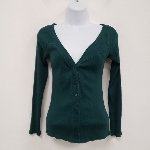 Express Womens Ribbed Knit Top Size S Green Long Sleeve Button Up Preppy Y2K - Picture 1 of 8
